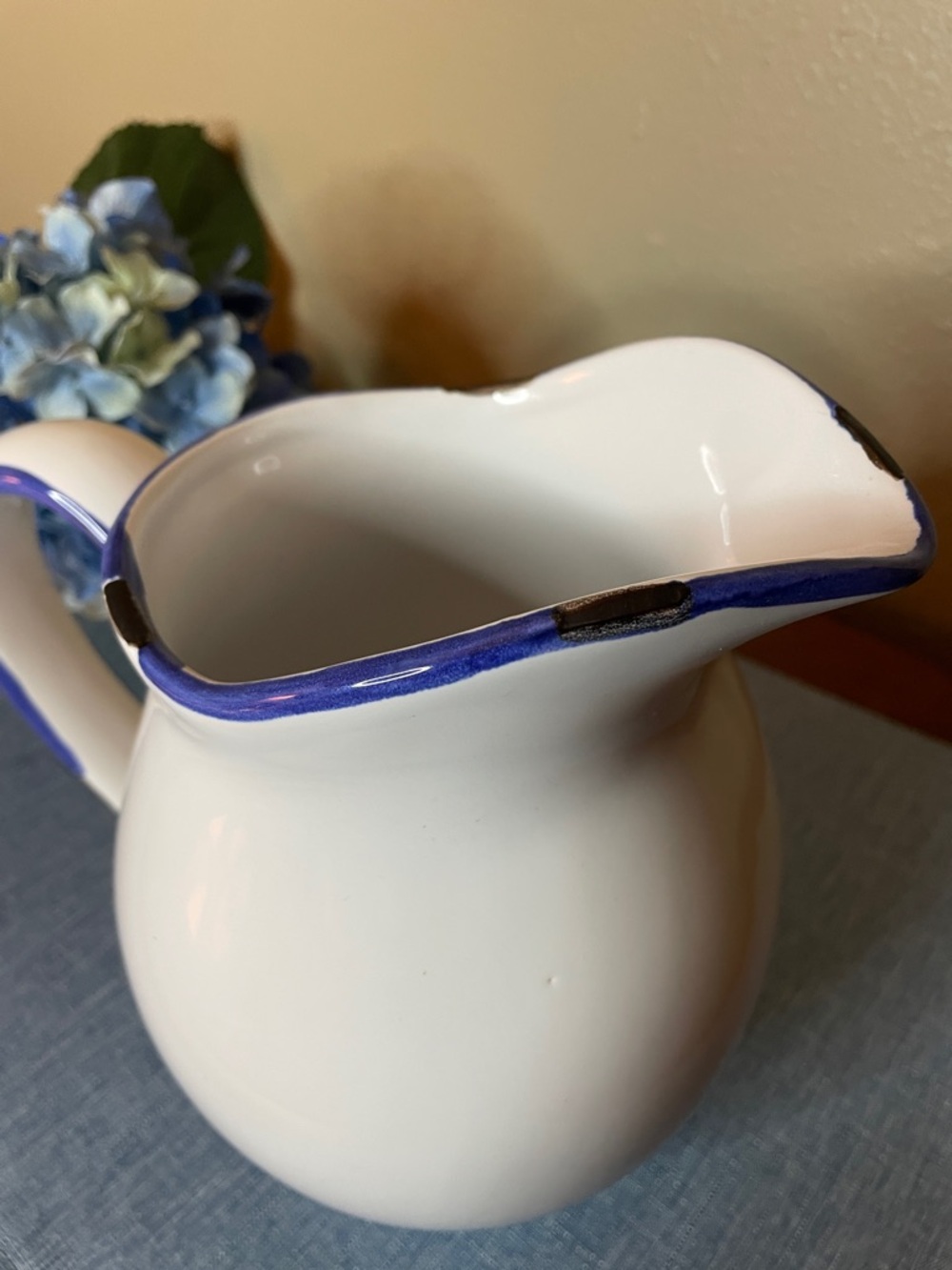 Vintage White Ceramic Pitcher with Blue Trim-Shabby Chic Cottagecore Style - Picture 4 of 10